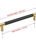 Brushed Satin Gold Bar Cabinet Handle With Black Leather Upholstery 8.5 Inch Overall Length, 7.5 Inch Center-To-Center Mounting