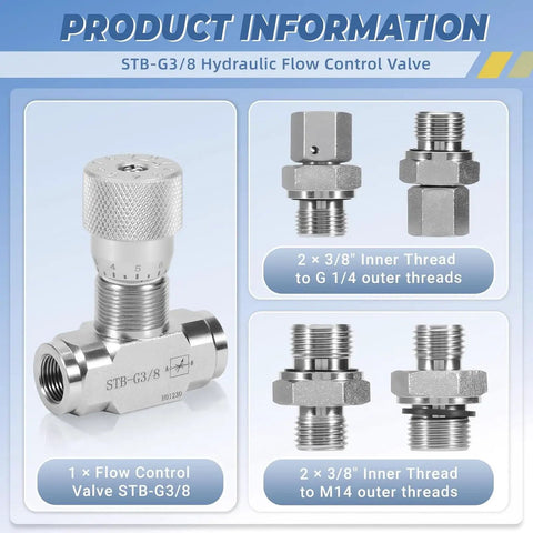 Stb G Three Eighths Inch Hydraulic Flow Control Valve with L08 M14 Connection for Mini Excavator 0.8 to 2 Ton, valve and fittings shown