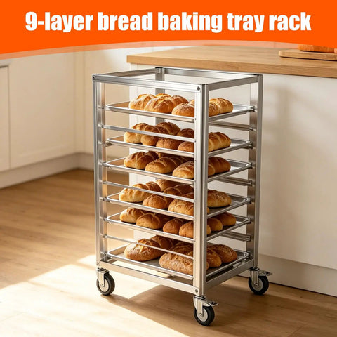 Heavy Duty 9 Tier Commercial Cooling Rack With Smooth Roll Locking Casters, Solid Aluminum Build, Space Saving Bakery Sheet Pan Holder, Sick Storage Cart For Any Bustling Kitchen Crew