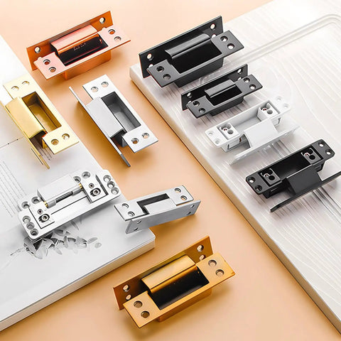 Various colored heavy duty door catch latches with adjustable tension roller catch for quiet smooth operation in homes offices hospitals and schools durable door hardware upgrade for reliable closure displayed on a table