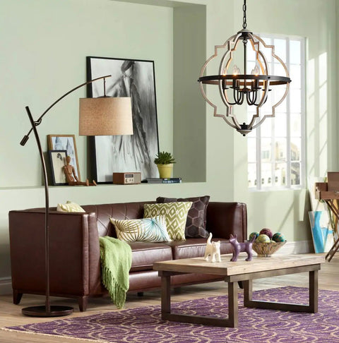 Living room with Six-Light Globe Farmhouse Chandelier In Black Metal With White Distressed Wood Finish hanging from the ceiling