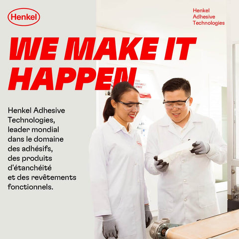 Henkel Adhesive Technologies employees in lab coats working in a laboratory setting.