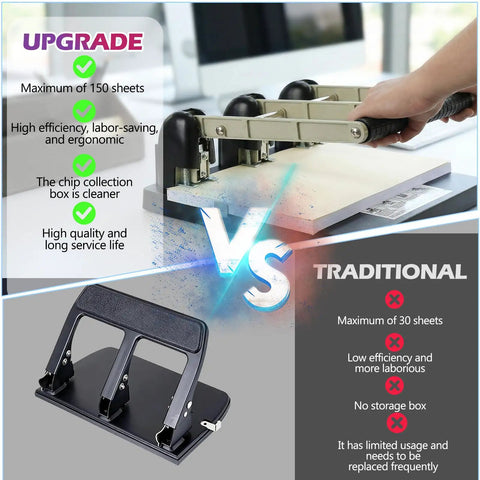 Three Hole Paper Punch For Office And Print Shop, Heavy Duty Metal Construction With Ergonomic Handle, Punches Up To 150 Sheets