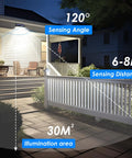 LED Solar Lights Outdoor Motion Sensor With 3 Lighting Modes installed on porch, showing sensing angle and illumination area for yard