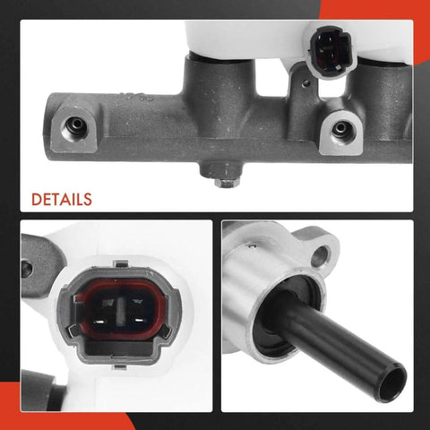 Close-up view of Brake Master Cylinder With Reservoir And Cap For Toyota Tundra 2000 2001 2002 2003 2004 2005 2006 Extended Cab Or Standard Cab Drop In OE Replacement 472010C010 472010C011 472010C012 showing detailed connections.