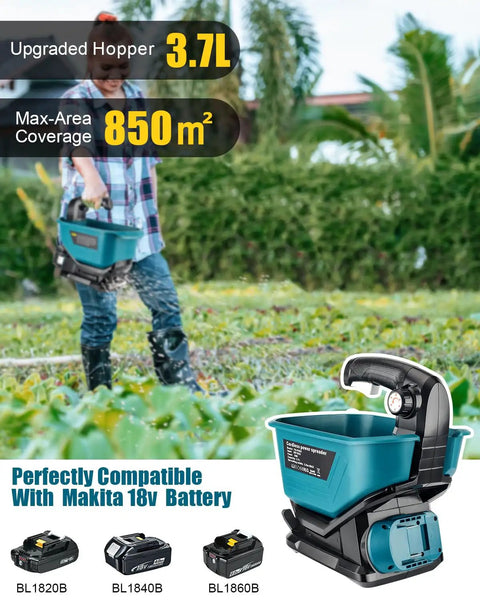 Handheld Seed Spreader For Makita 18V Battery Lawn Fertilizer And Salt Ice Melt Spreader Year Round Use For Grass Seed Fertilizer Rock Salt And Ice Melt Battery Not Included with person in field