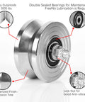 Close-up of 2 Pack 4 Inch V Groove Gate Wheels With Welded Brackets Built Like A Tank with double sealed bearings and lock nut.