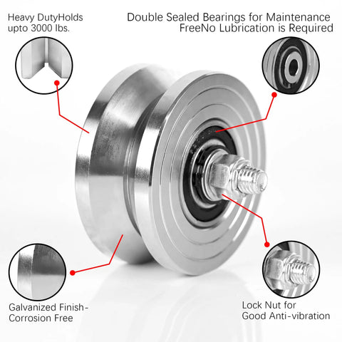 Close-up of 2 Pack 4 Inch V Groove Gate Wheels With Welded Brackets Built Like A Tank with double sealed bearings and lock nut.