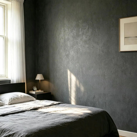 Bedroom wall covered with Extra Thick Matte Concrete Wallpaper Roll Peel And Stick Dark Grey Vinyl Contact Paper For Walls, 12x317 inches