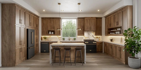 Modern kitchen featuring a Heavy Duty 24 Inch Dishwasher Sharp Black Bronze Finish with wooden cabinets and a sleek island.