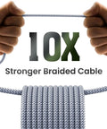 Lightning Fast USB C To Lightning Cable 2 Pack 3Ft MFi Certified iPhone Charger Cable With Quick Charge And Power Delivery, Data Transfer Up To 480Mbps, Durable Nylon Braided Build For Travel And Daily Use. 10X stronger braided cable shown stretched by hands