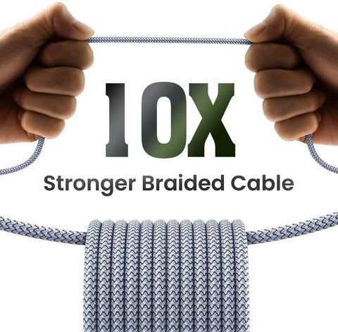 Lightning Fast USB C To Lightning Cable 2 Pack 3Ft MFi Certified iPhone Charger Cable With Quick Charge And Power Delivery, Data Transfer Up To 480Mbps, Durable Nylon Braided Build For Travel And Daily Use. 10X stronger braided cable shown stretched by hands