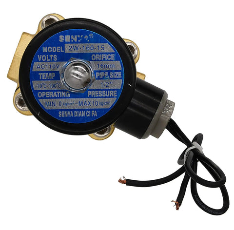 Top view of Half Inch Brass Electric Solenoid Valve 110V AC For Water Air Gas Fuel Oil, Normally Closed, Industrial Grade, Model 2W160-15