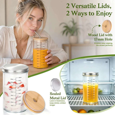 Image of 40 Oz Glass Blending Cup For Immersion Blenders With Dual Sealed Lids showing smoothie and sealed lids.