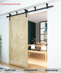 6.6 Foot Straight Roller Sliding Door Track Hardware Ceiling Mount Kit with barn wood door installed, interior view.