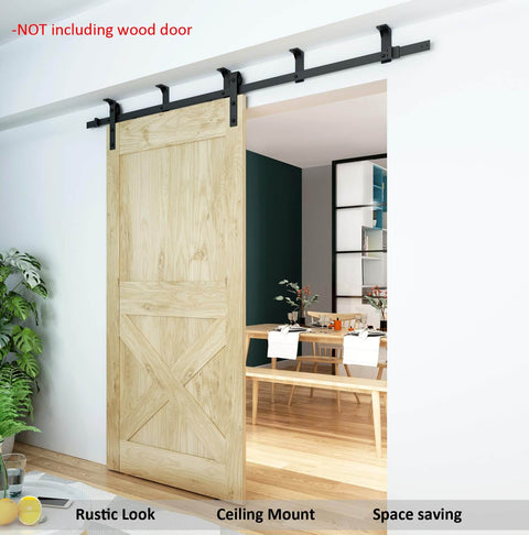 6.6 Foot Straight Roller Sliding Door Track Hardware Ceiling Mount Kit with barn wood door installed, interior view.