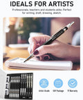 Hand using Do It All Six Piece Art Mechanical Pencil Set for writing in notebook, pencil case visible below