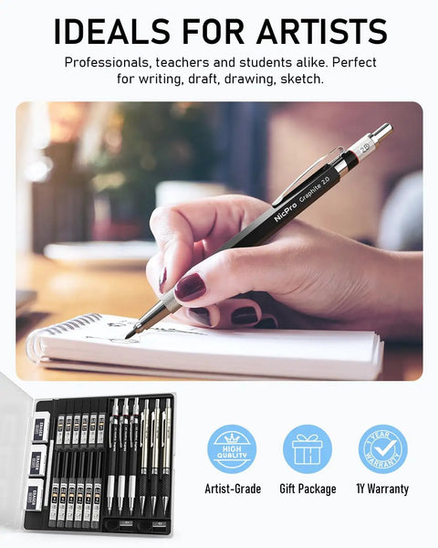 Hand using Do It All Six Piece Art Mechanical Pencil Set for writing in notebook, pencil case visible below