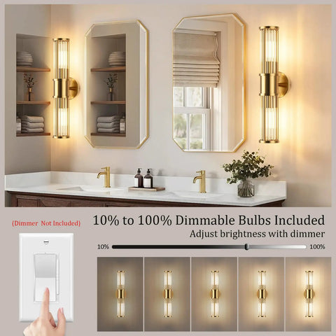 Klighten Hardwired Wall Sconce Modern Brushed Brass Bathroom Vanity Light installed above a double vanity with dimmable feature.