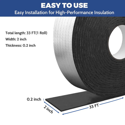 2 Inch Wide Pipe Insulation Wrap Roll 33 Feet Self Adhesive Foam Tube For Outdoor Water Pipes And AC Lines Winter Freeze Protection Heat Retention No Fuss Easy Install Durable Outdoor Plumbing Shield; showing dimensions and thickness.