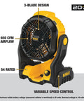 Cordless Shop Fan With 20V Max Battery 650 CFM Airflow Variable Speed Control IP54 Dust And Water Resistant