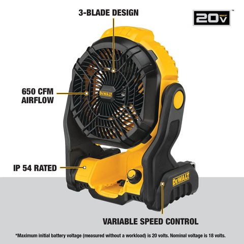 Cordless Shop Fan With 20V Max Battery 650 CFM Airflow Variable Speed Control IP54 Dust And Water Resistant