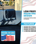 Top Tier Ham Antenna Ditch Bracket Extension Mount showing low profile design, mounted with a smooth finish, for secure radio gear.