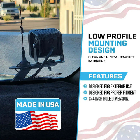Top Tier Ham Antenna Ditch Bracket Extension Mount showing low profile design, mounted with a smooth finish, for secure radio gear.