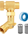 No Sweat Brass Garden Hose Filter With Rock Solid Dual Mesh Stainless Steel Screen And Quick Shut Off Valve, brass housing, includes filter screens.
