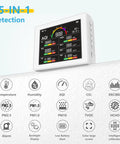 Indoor Air Quality Monitor With Noise Sensor And Real Time CO2 PM25 HCHO TVOC AQI Db Meter Color Coded Indicators Portable For Home Office Baby Room White, wall-mounted view