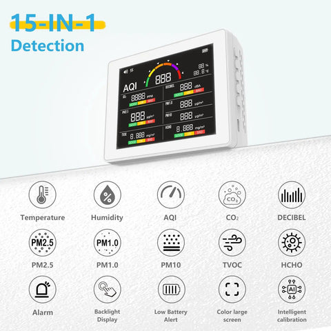 Indoor Air Quality Monitor With Noise Sensor And Real Time CO2 PM25 HCHO TVOC AQI Db Meter Color Coded Indicators Portable For Home Office Baby Room White, wall-mounted view