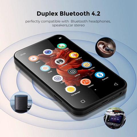 72GB MP3 Player With Bluetooth And 4.0 Inch Full Touchscreen showcasing apps and compatibility with Bluetooth devices.