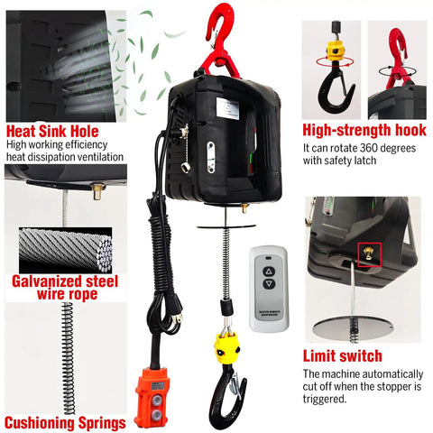 Super Durable 1100 Lb Electric Hoist Winch In 3 1 Design With 25 Ft Lifting Height And Overload Protection with remote and steel cable.