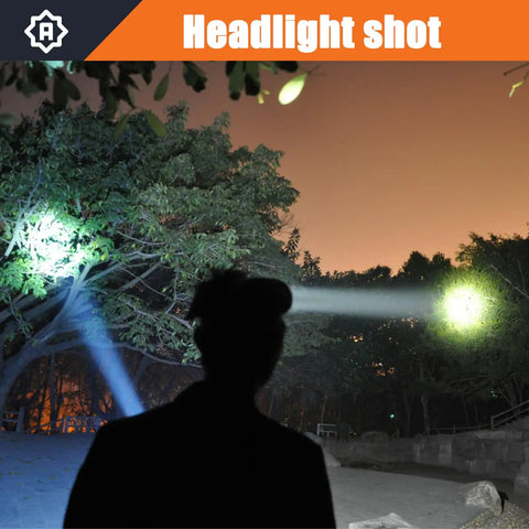 Silhouette of person using Ultra Bright Rechargeable Headlamp With Long Range LED Spotlight illuminating trees at night.