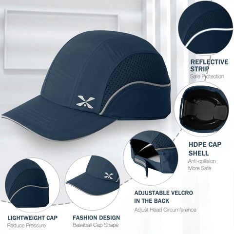 Lightweight Safety Bump Cap Baseball Hat Style With Removable ABS Shell And Foam Padding, HDPE Interior, DWR Polyester, Navy Blue