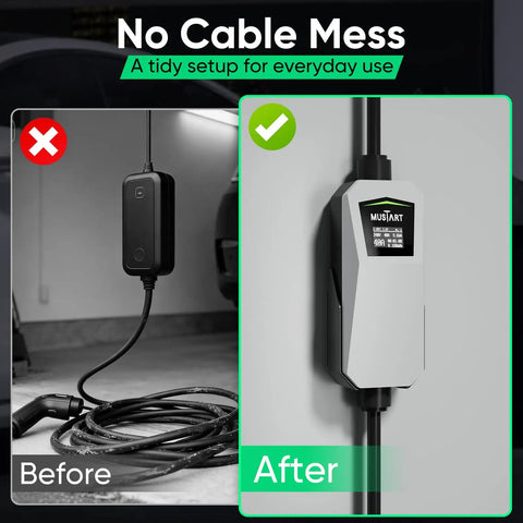 Before and after images showing the neat setup of the 40 Amp Level 2 Ev Charger Home Charging Station With 240 V Nema 14 50 Plug Lcd Display 21 Ft Cord Outdoor Rated.