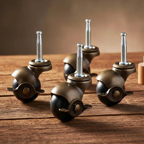 Heavy Duty 1.5 Inch Ball Casters With Secure Lock Brake Furniture Movers Set Of 4 Smooth Polyurethane Rollers on a wooden surface.