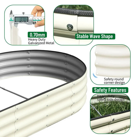 Two Pack Raised Garden Bed Kit With Oval Metal Planter For Outdoor Use, safety features and materials, close-up details shown