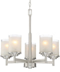 Modern Farmhouse 19 Inch 5 Light Chandelier In Brushed Nickel Finish With Frosted White Linen Glass Shades Contemporary Ceiling Fixture