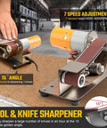 7 Speed Adjustable Buffer Polisher With Electric Belt Sander And Knife Sharpener Attachment at 15 degree angle for efficient knife sharpening.