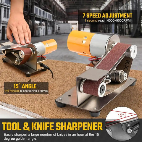7 Speed Adjustable Buffer Polisher With Electric Belt Sander And Knife Sharpener Attachment at 15 degree angle for efficient knife sharpening.