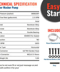 Technical specifications for Horizontal Pressure Washer Pump With Three Quarter Inch Shaft, Up To 3000 PSI And 2.5 GPM Replacement
