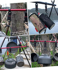 Outdoor Camping Hooks 5 Pack Small S Shaped Utility Hangers With Straps For Tent Canopy And Backpack Storage Durable Metal Camp Gear Organizer No Fuss Setup And Versatile Hanger System in use displaying pots and bottles hanging on a frame.