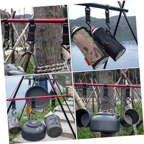 Outdoor Camping Hooks 5 Pack Small S Shaped Utility Hangers With Straps For Tent Canopy And Backpack Storage Durable Metal Camp Gear Organizer No Fuss Setup And Versatile Hanger System in use displaying pots and bottles hanging on a frame.