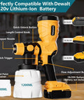 Upgrade Your Home Renovation Game With This Knockout High Speed Cordless Paint Sprayer Featuring A Beefy Brushless Motor And Two Quick Swap Cups For Easy Peasy Cleanup On Walls And Furniture That Works Sweetly With Dewalt 20V Batteries, showing the sprayer with features like the quick unlock button and 1200ml container.