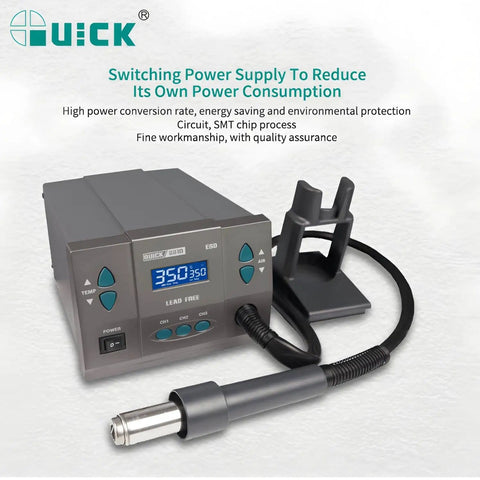 Pro Grade Hot Air Desoldering Station With Digital Display for Chip and PCB SMD Rework, showing front panel and wand holder.