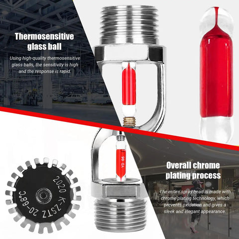 Heavy Duty Fire Sprinkler Head Pendant Type Quick Response Trigger 68 Degrees Celsius 155 Fahrenheit glass ball detail and chrome plating.