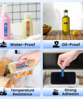 Super Slick Manual 3D Embossing Label Maker With Tape Roll Inkless Quiet Rotation Press Cut Mechanism No Batteries Or Apps Needed Easy Peasy For Home Office School Supplies And Junk Drawers showing waterproof and oil-proof labels on various containers.