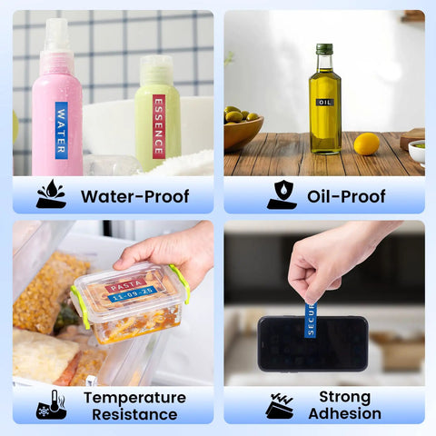 Super Slick Manual 3D Embossing Label Maker With Tape Roll Inkless Quiet Rotation Press Cut Mechanism No Batteries Or Apps Needed Easy Peasy For Home Office School Supplies And Junk Drawers showing waterproof and oil-proof labels on various containers.