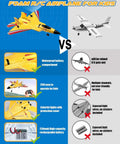Comparison chart showing yellow F22 RC Plane Jet For Beginners And Kids, Easy To Fly Foam Glider with Gyro Stabilization features.